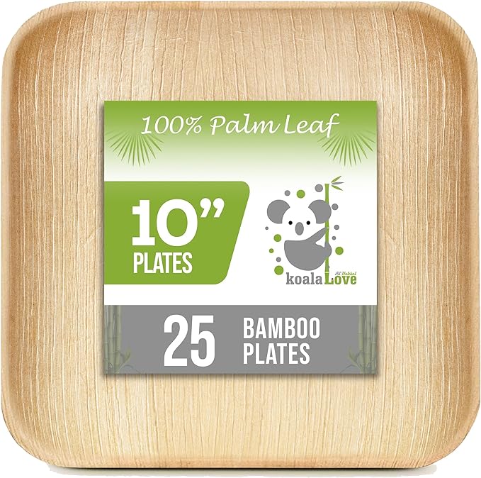 Palm Leaf  Bamboo Square Paper Plates 100%  Compostable Disposable (10 Inch 25 Plates)