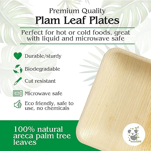 Palm Leaf  Bamboo Square Paper Plates 100% Compostable Disposable   (10 Inch 50 Plates)