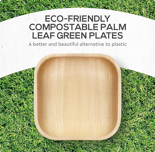 Palm Leaf Bamboo-look Square Appetizer Plates 100% Compostable Disposable (8 Inch 25 Plates)