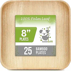 Palm Leaf Bamboo-look Square Appetizer Plates 100% Compostable Disposable (8 Inch 25 Plates)