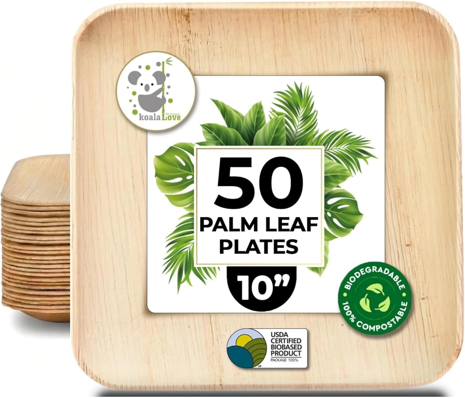 Palm Leaf  Bamboo Square Paper Plates 100% Compostable Disposable   (10 Inch 50 Plates)
