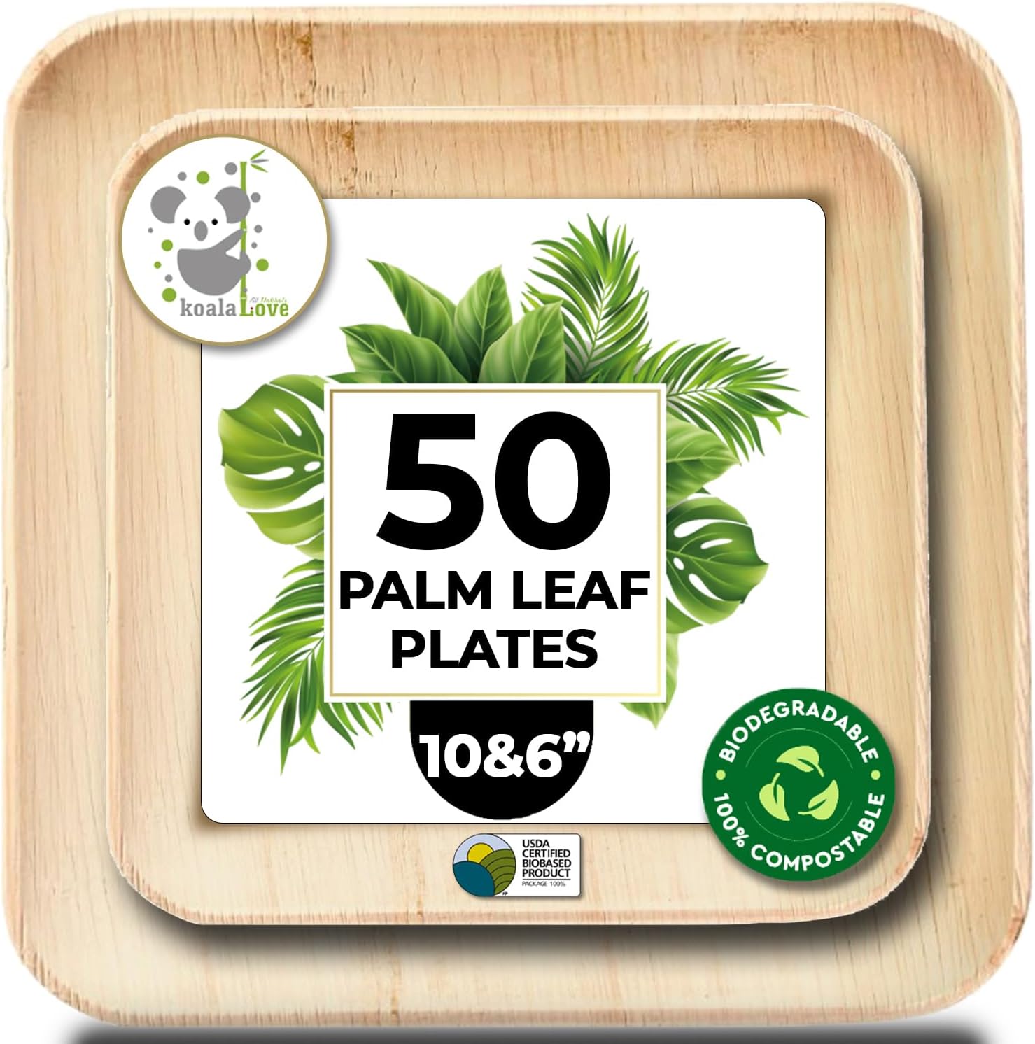 Palm Leaf Bamboo Square  Plates 100% Compostable Disposable  (10&6 Inch 50 Plates)