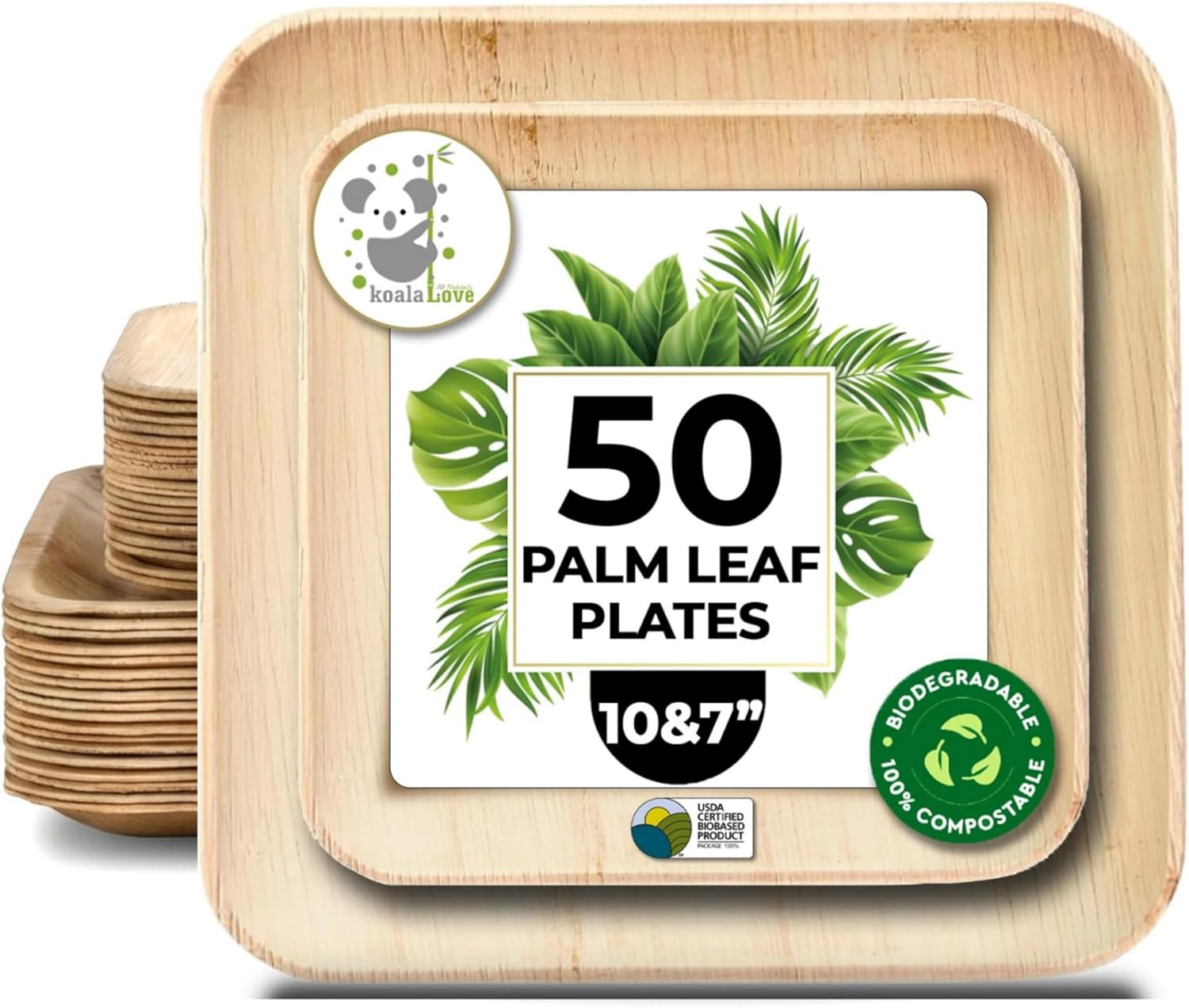 Palm Leaf  Bamboo Square Paper Plates 100% Compostable Disposable   (10 Inch & 7 Inch 50 Plates)