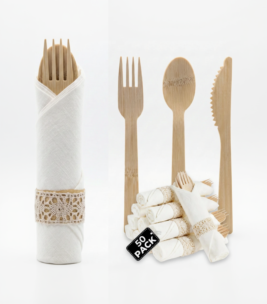 Set of bamboo cutlery including forks, spoons, and knives with a holder on a white background.