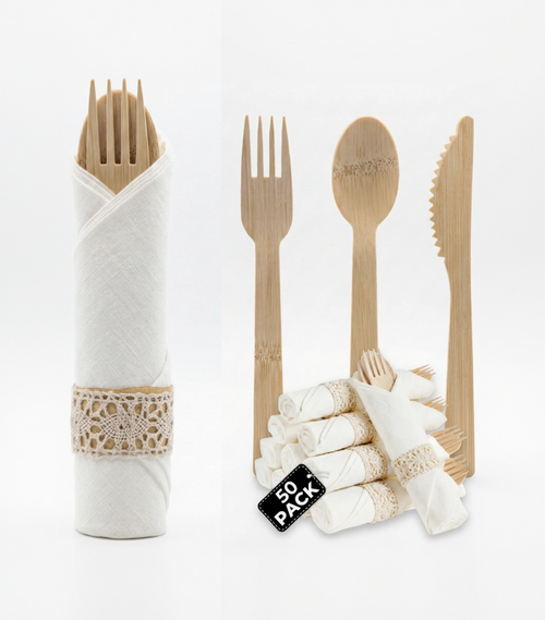 Set of bamboo cutlery including forks, spoons, and knives with a holder on a white background.
