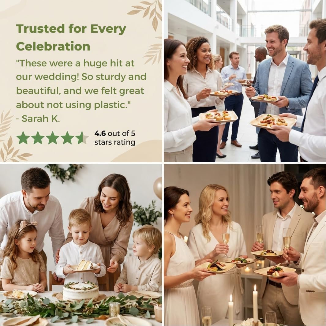 Palm Leaf  Bamboo Square Paper Plates 100% Compostable Disposable   (10 Inch & 7 Inch 50 Plates)