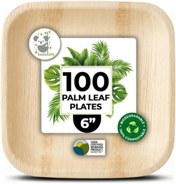 Palm Leaf Square Appetizer Plates Disposable 100% Compostable (6 Inch 100 Plates)