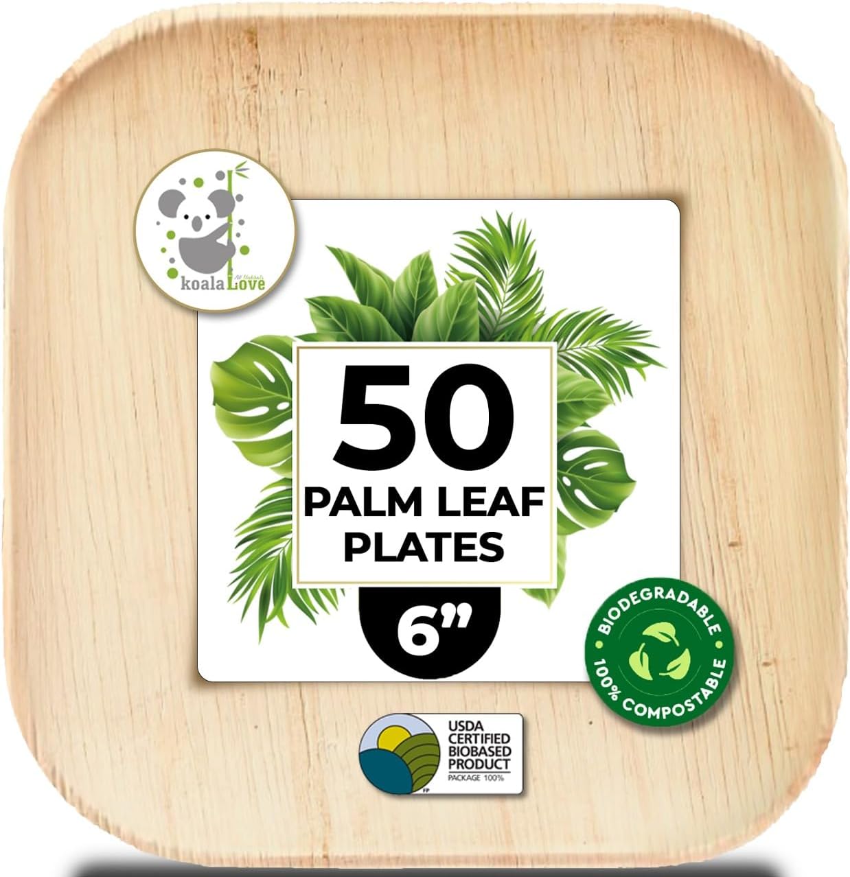 Palm Leaf Square Appetizer Plates Disposable 100% Compostable  (6 Inch 50 Plates)