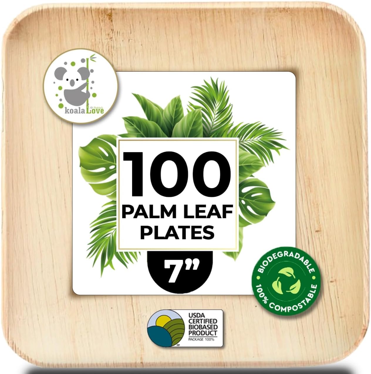 Palm Leaf Bamboo Square Plates 100% Compostable Disposable Sturdy Design ( 7 inch  100 Plates)