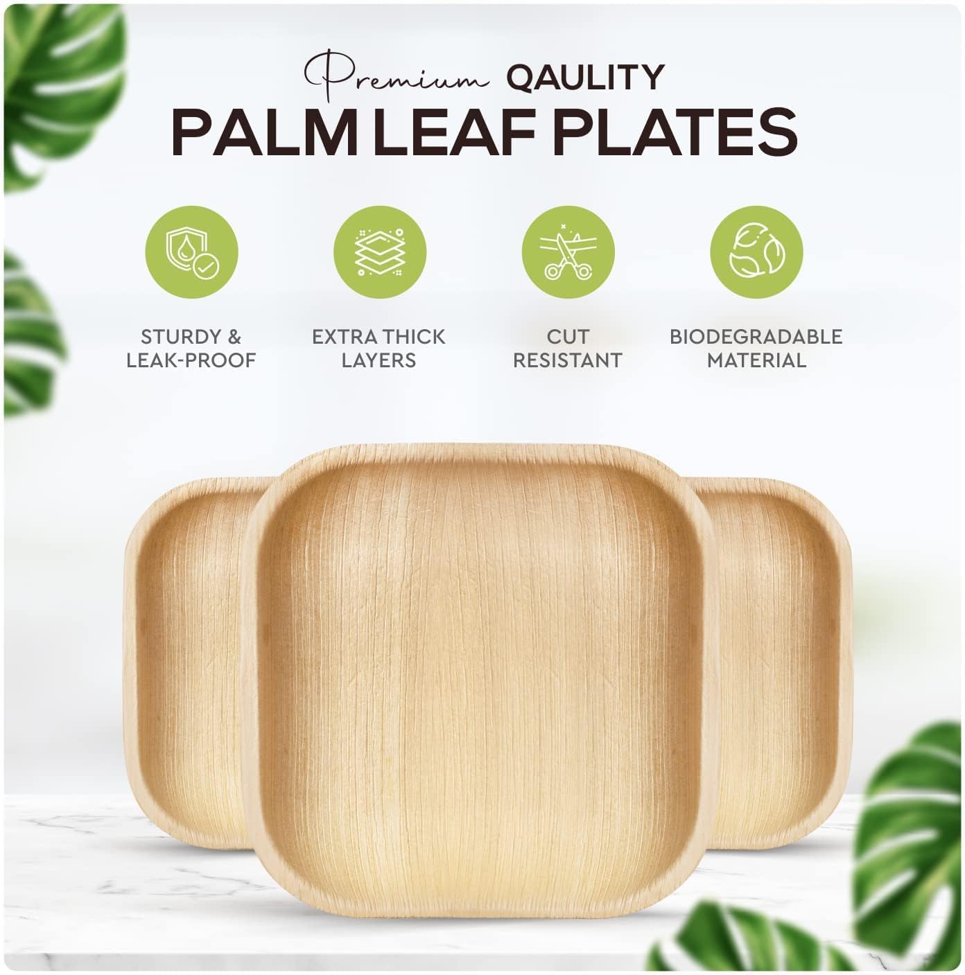 Palm Leaf Bamboo Square Plates 100%  Compostable Disposable (10&8 Inch 50 Plates)
