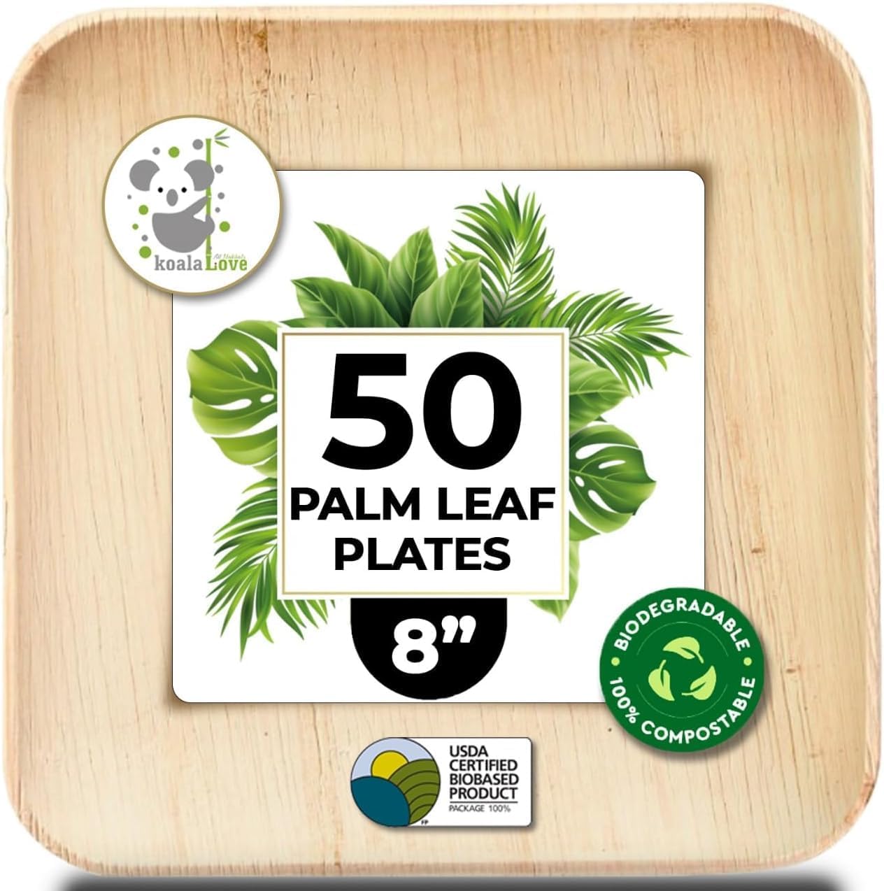 Palm Leaf  Square Plates 100% Compostable Disposable (8 Inch 50 Plates)