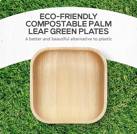 Palm Leaf  Bamboo Square Paper Plates 100% Compostable Disposable   (10 Inch & 7 Inch 50 Plates)