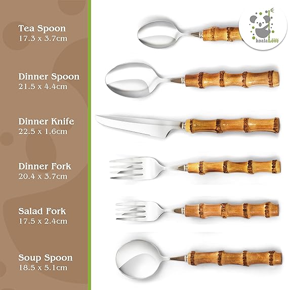 Bamboo Silverware Set Hand Crafted Cutlery (4 Sets, 24 Cutlery Pieces, Gold)