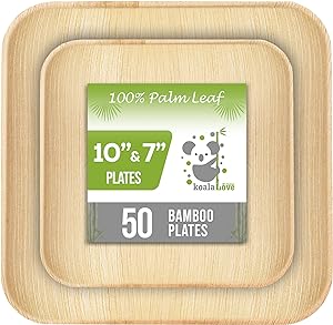Palm Leaf  Bamboo Square Paper Plates 100% Compostable Disposable   (10 Inch & 7 Inch 50 Plates)