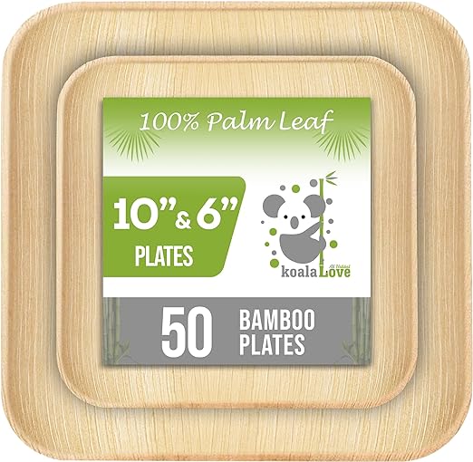 100% Compostable Disposable Paper Plates Bulk [10 50 Pack], Bamboo Plates,  Eco F 