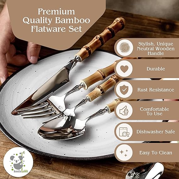 Bamboo Silverware Set Hand Crafted Cutlery (2 Sets, 12 Cutlery Pieces, Silver)
