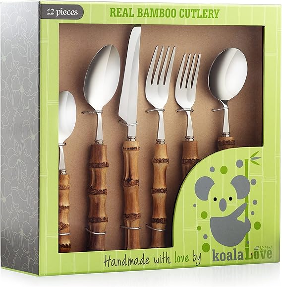 Bamboo Silverware Set Hand Crafted Cutlery (2 Sets, 12 Cutlery Pieces, Silver)