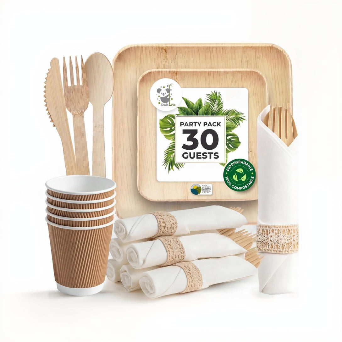 120-Piece Palm Leaf Dinnerware Set for 30 Guests | 10" & 7" Plates, Pre-Rolled Cutlery & Ripple Cups