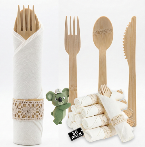 Pack Pre-Rolled Wooden Cutlery Set with Lace Napkin Rings | Eco-Friendly Napkin & Utensil Kit